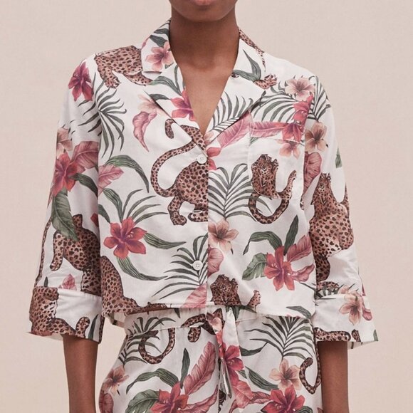 Desmond & Dempsey Boxy Shirt / Wide Leg Set Soleia Leopard Print Cream NWT - Picture 3 of 7